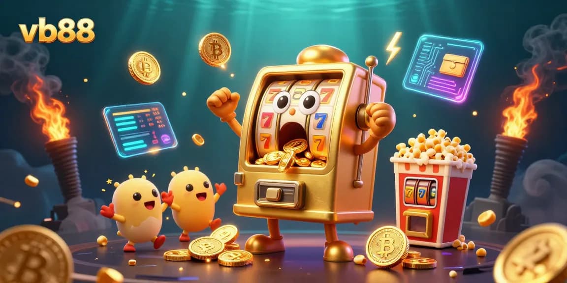 Catch exciting jackpots at vb88 with a lively scene of animated slot machines and crypto coins!