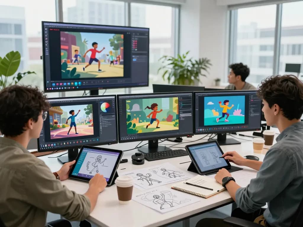 Creative studio team showcasing motion control ai in action, animating characters with digital tools in a vibrant workspace.