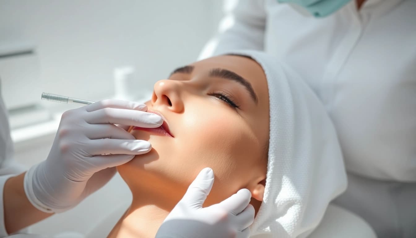 Restylane Anwendung bei einem Patienten durch einen Fachmann in einer hellen Klinik.