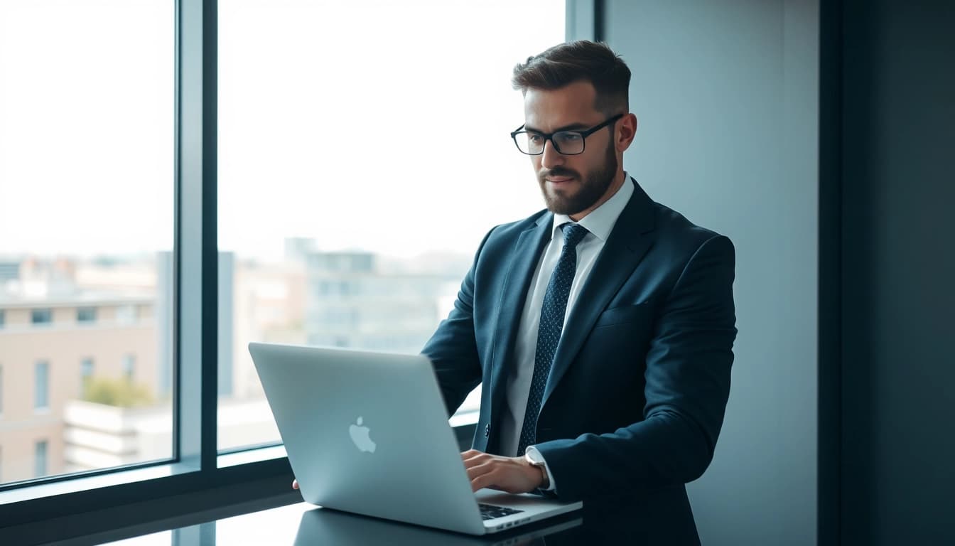 Headhunter Oberhausen arbeitet konzentriert an einem Laptop in einem modernen Büro.