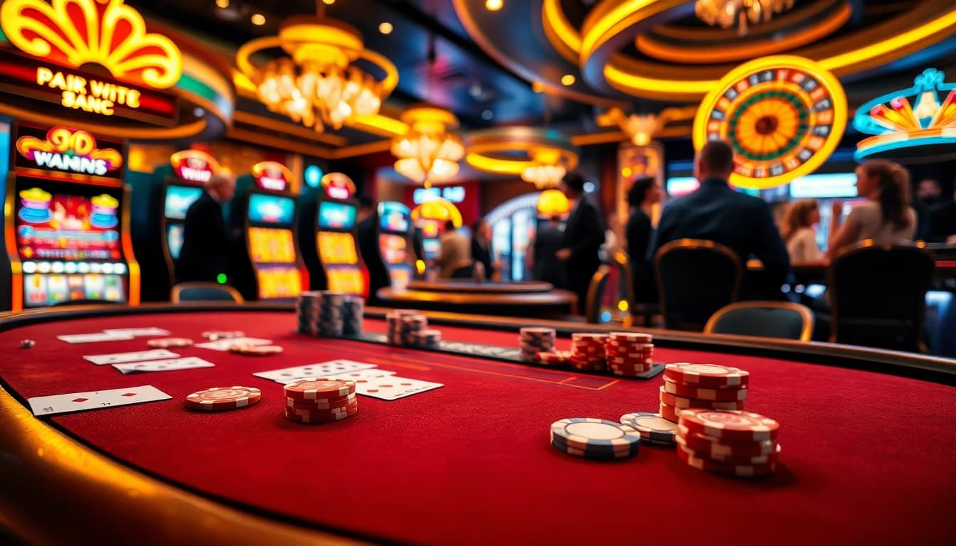 Experience the excitement of gambling at https://s801.online/ with a dynamic casino scene featuring poker tables and slot machines.
