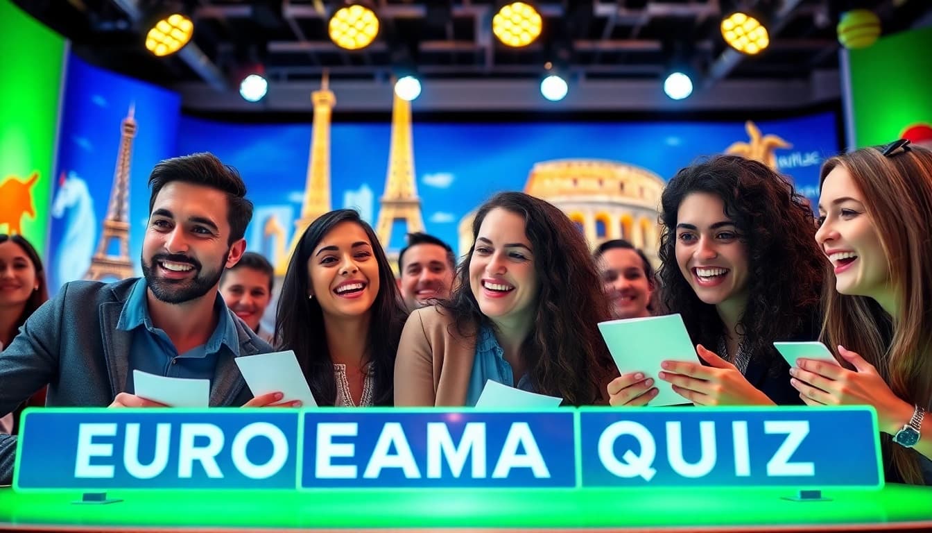 Teilnehmer am Europa Quiz zeigen Begeisterung in einer bunten Umgebung.