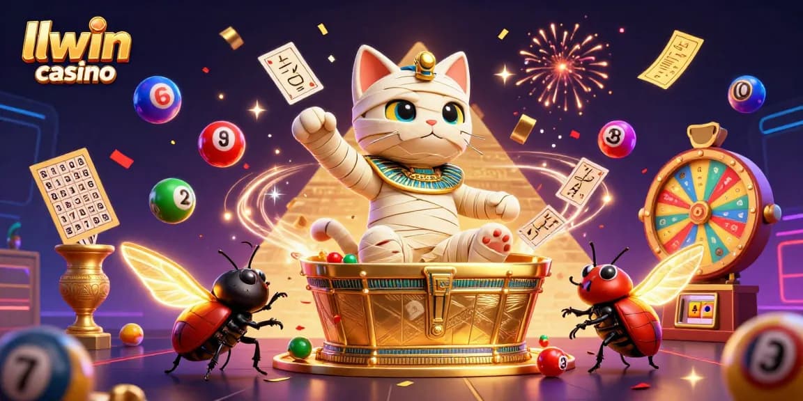 Engage with the vibrant llwin casino, featuring a cartoon Egyptian mummy cat and a glowing scarab in a dynamic gaming scene.