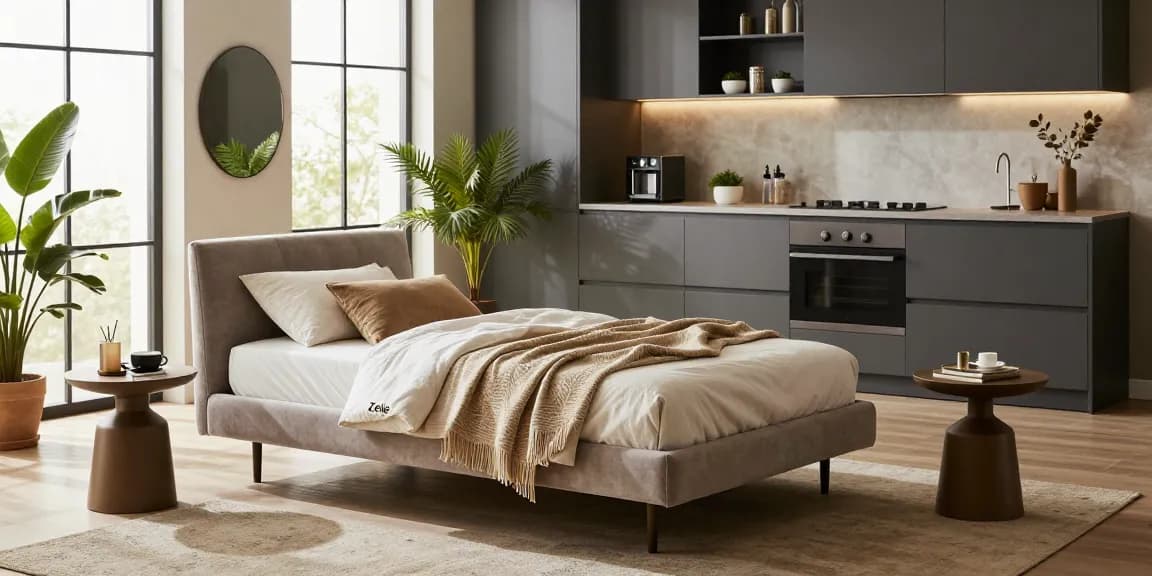 Entdecken Sie stilvolle Optionen zum Möbel Kaufen, mit einem modernen Wohnzimmer, das ein Zele Einzelbett und eine elegante Küchenzeile zeigt.