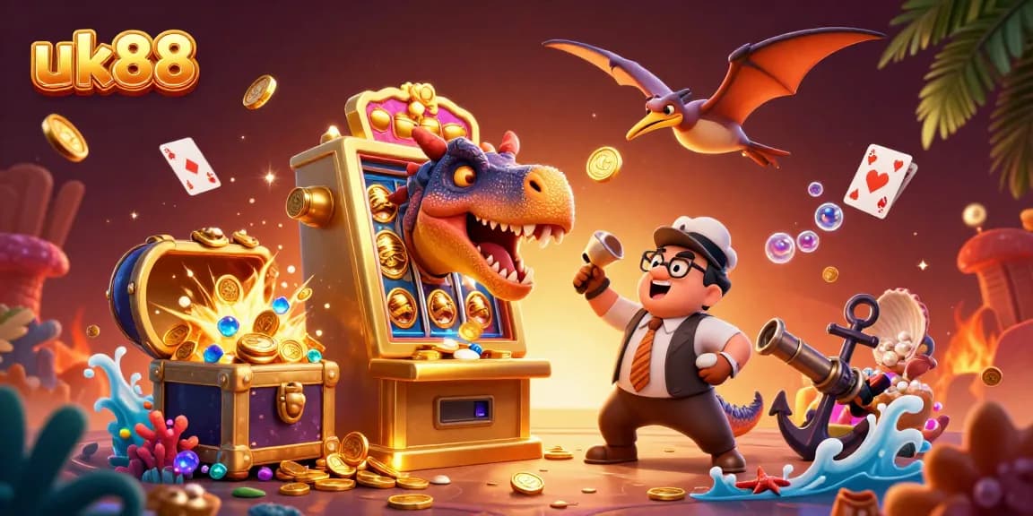 uk88 players headbutt a slot machine for jackpot coins in this vibrant casino scene