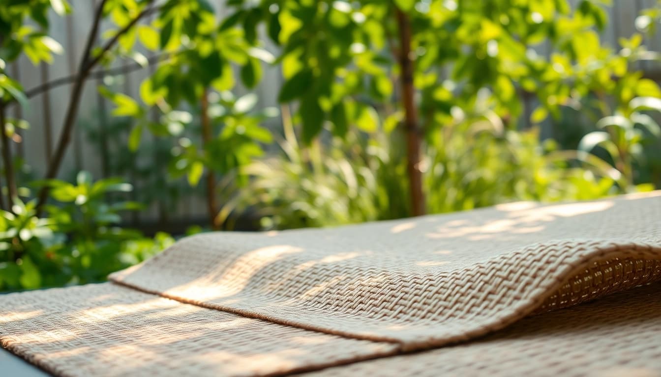 Hanfmatte in einem ruhigen Gartenszenario, die Textur und Farbe zeigt.