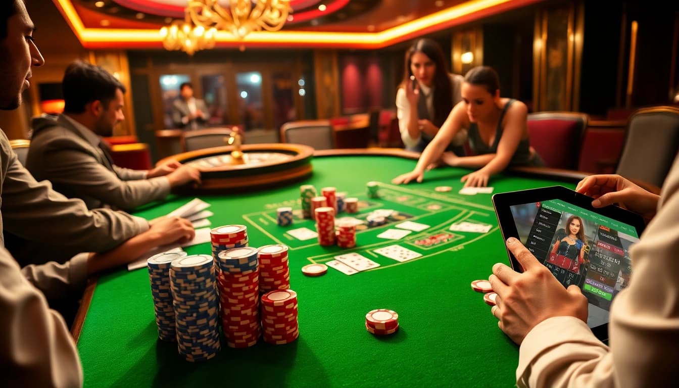 F168 casino table scene showcasing players winning at blackjack with poker chips and roulette wheel in the background.