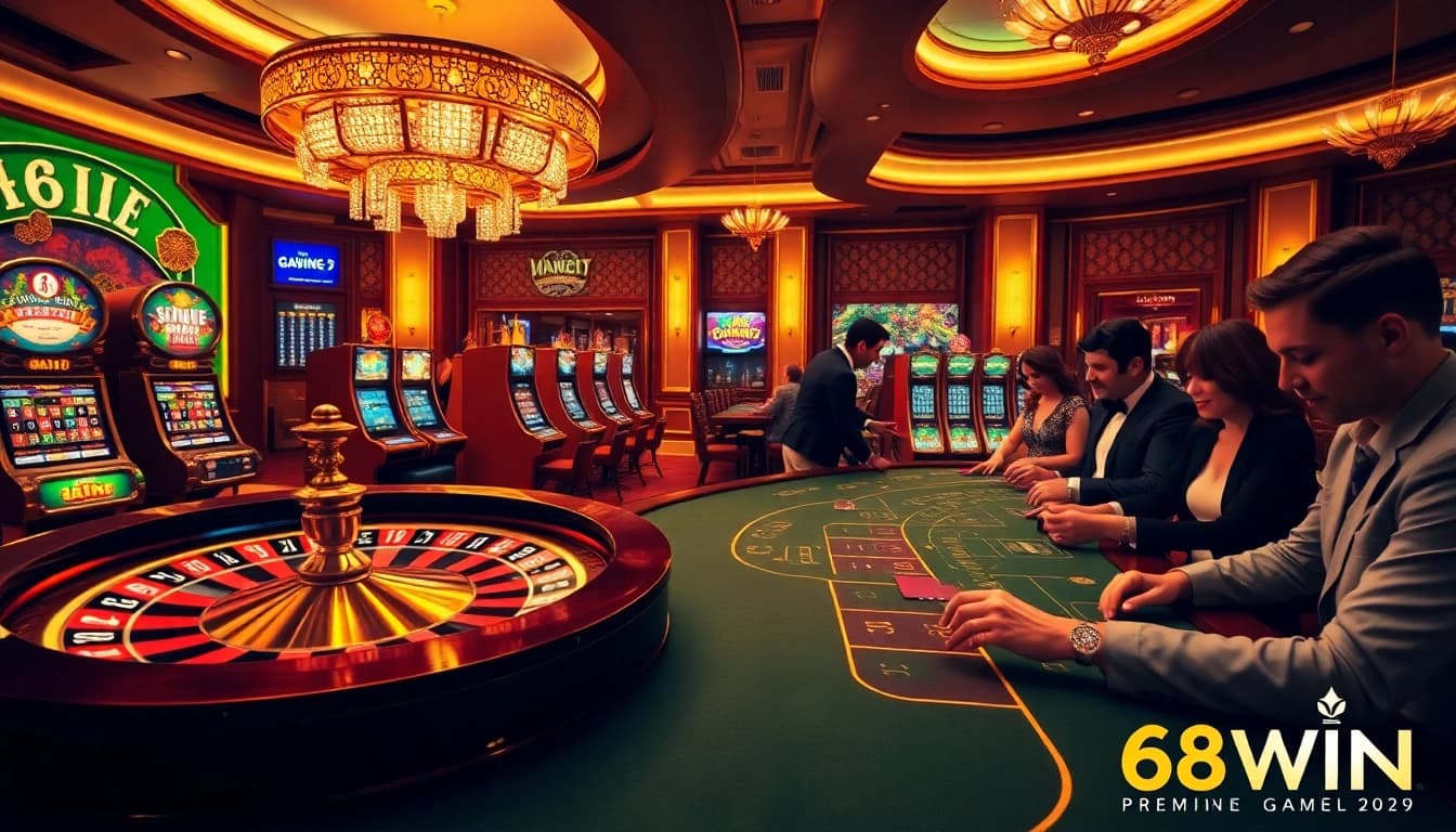 Experience the thrill of the casino with 68WIN's vibrant betting scene featuring roulette and slot machines.