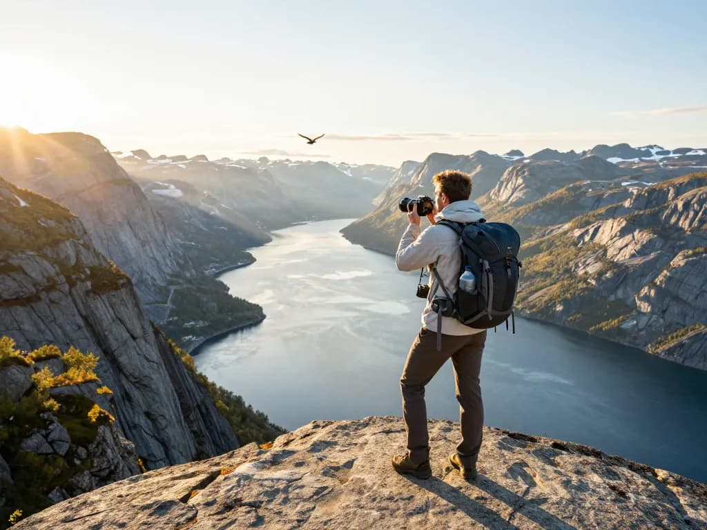 Skandinavien Reisetipps - Reisender an einem norwegischen Fjordkliff während des Sonnenuntergangs