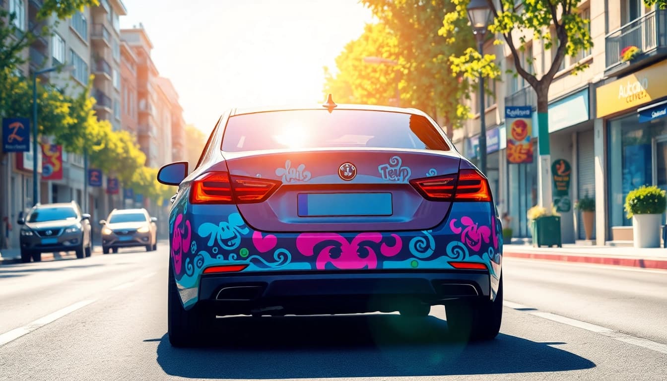 Bestickering auto zeigt ein kreativ besticktes Fahrzeug, das durch eine Stadt fährt.