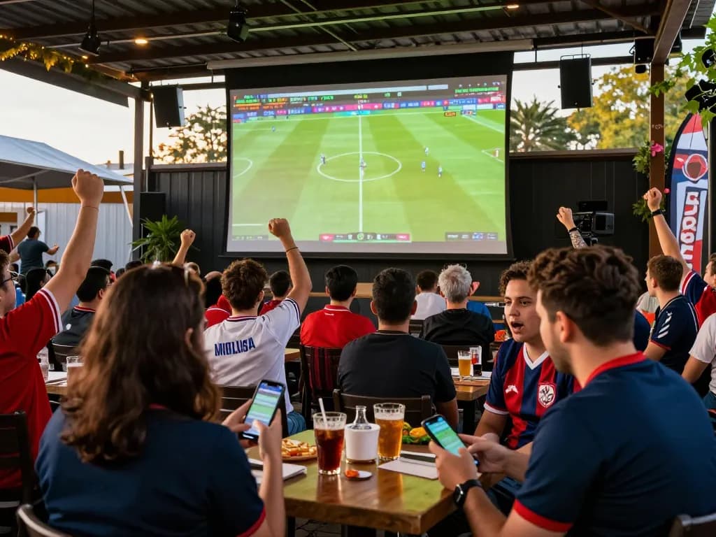 Soi kèo analysis at a lively outdoor sports betting event with fans engaging in real-time betting