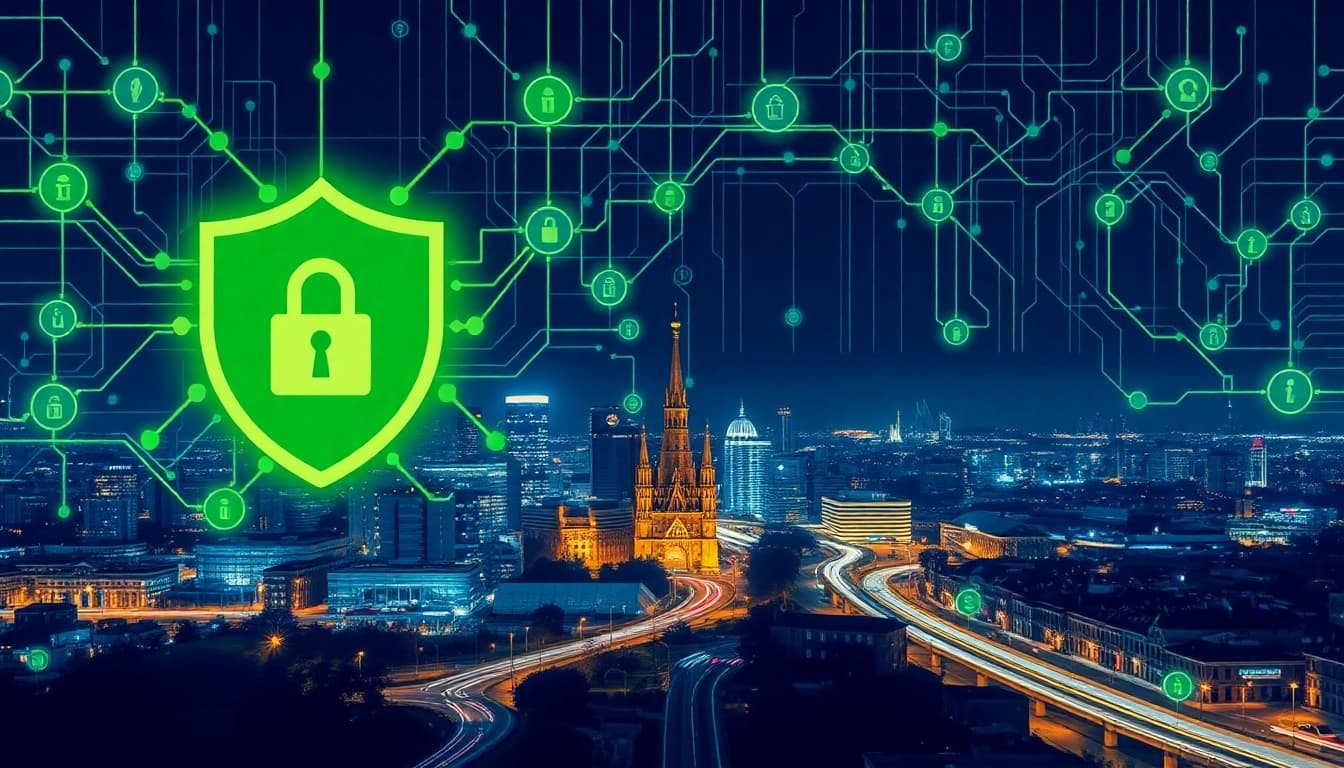 Grafik zur Industriespionage in Essen, die Schutzmaßnahmen und Wettbewerbsstrategien darstellt.
