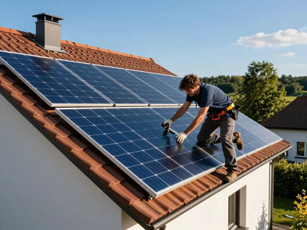Installation der Photovoltaik Bayern, die einen Techniker auf einem Dach zeigt und nachhaltige Energielösungen hervorhebt.