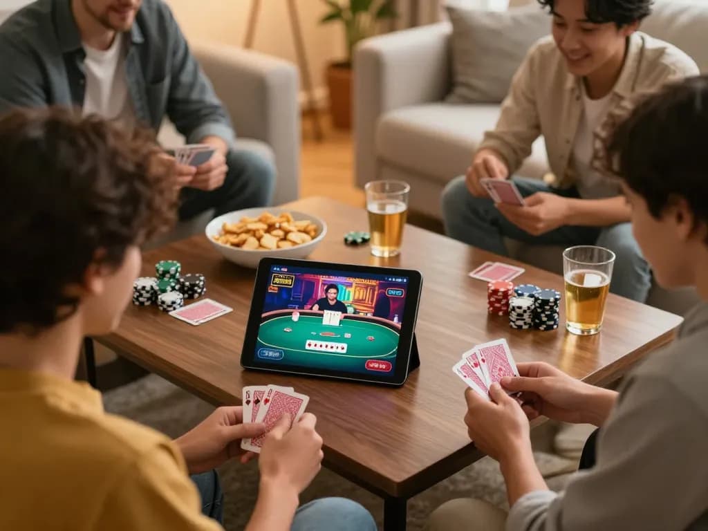 Playing online poker at https://sc88.day/ with friends in a cozy living room setting, showcasing fun and responsible gaming.