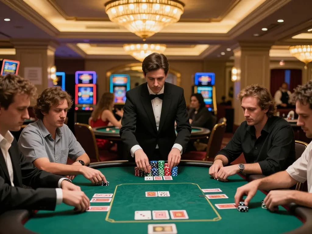 Nohu poker players strategizing with stacked chips at a luxury casino table.