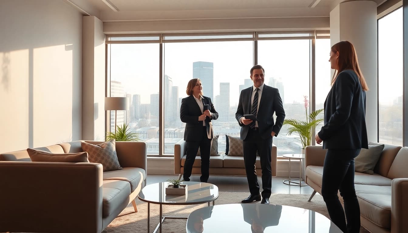 Immobilienmakler Frankfurt Riedberg berät Kunden in einem modernen Büro mit urbanem Ausblick.
