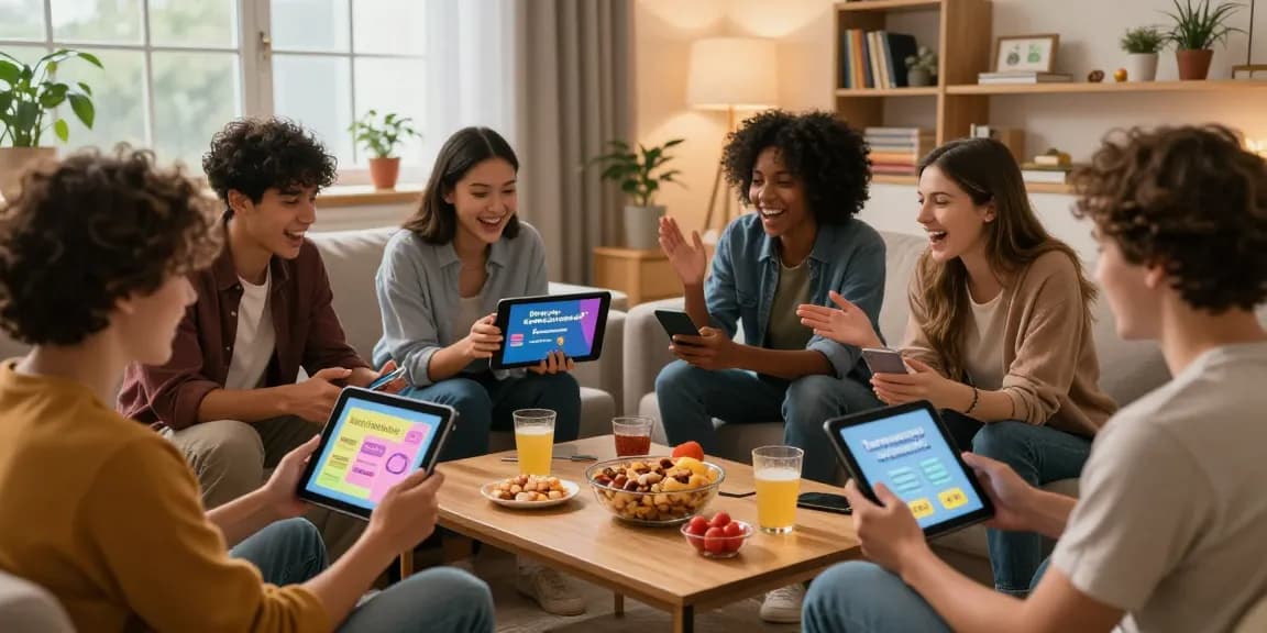 Friends enjoying a lively Quiz Allgemeinwissen session together in a modern living room.