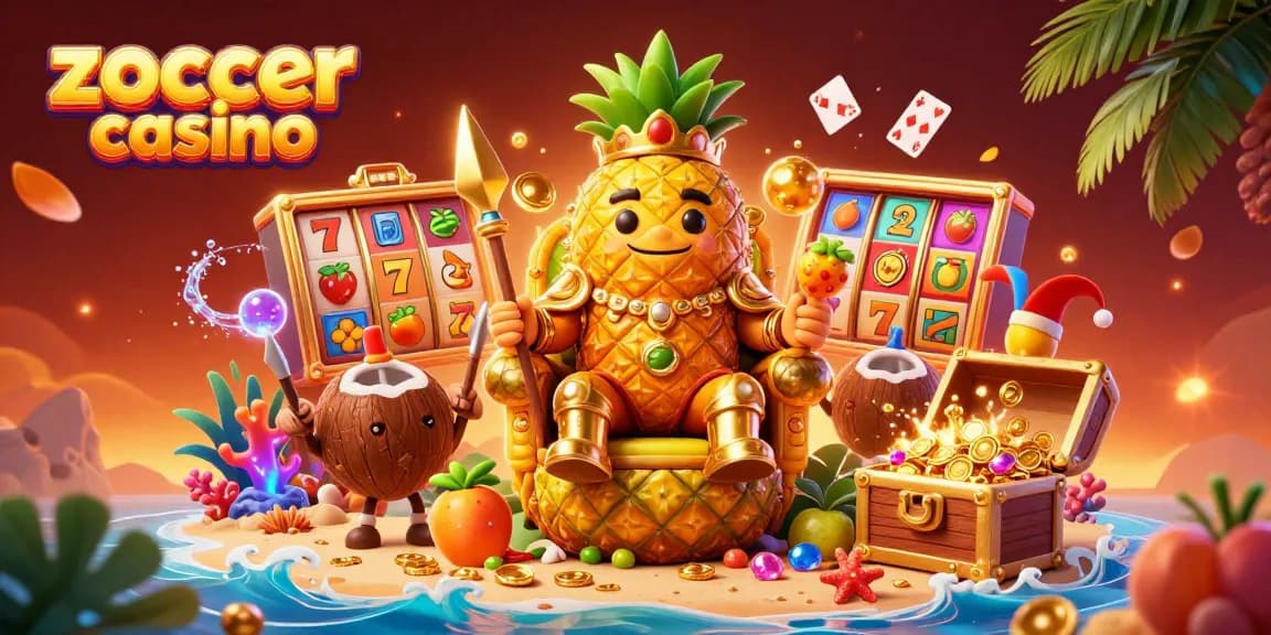 Zoccer casino offers an exciting beach scene with a golden pineapple king and vibrant slot elements.