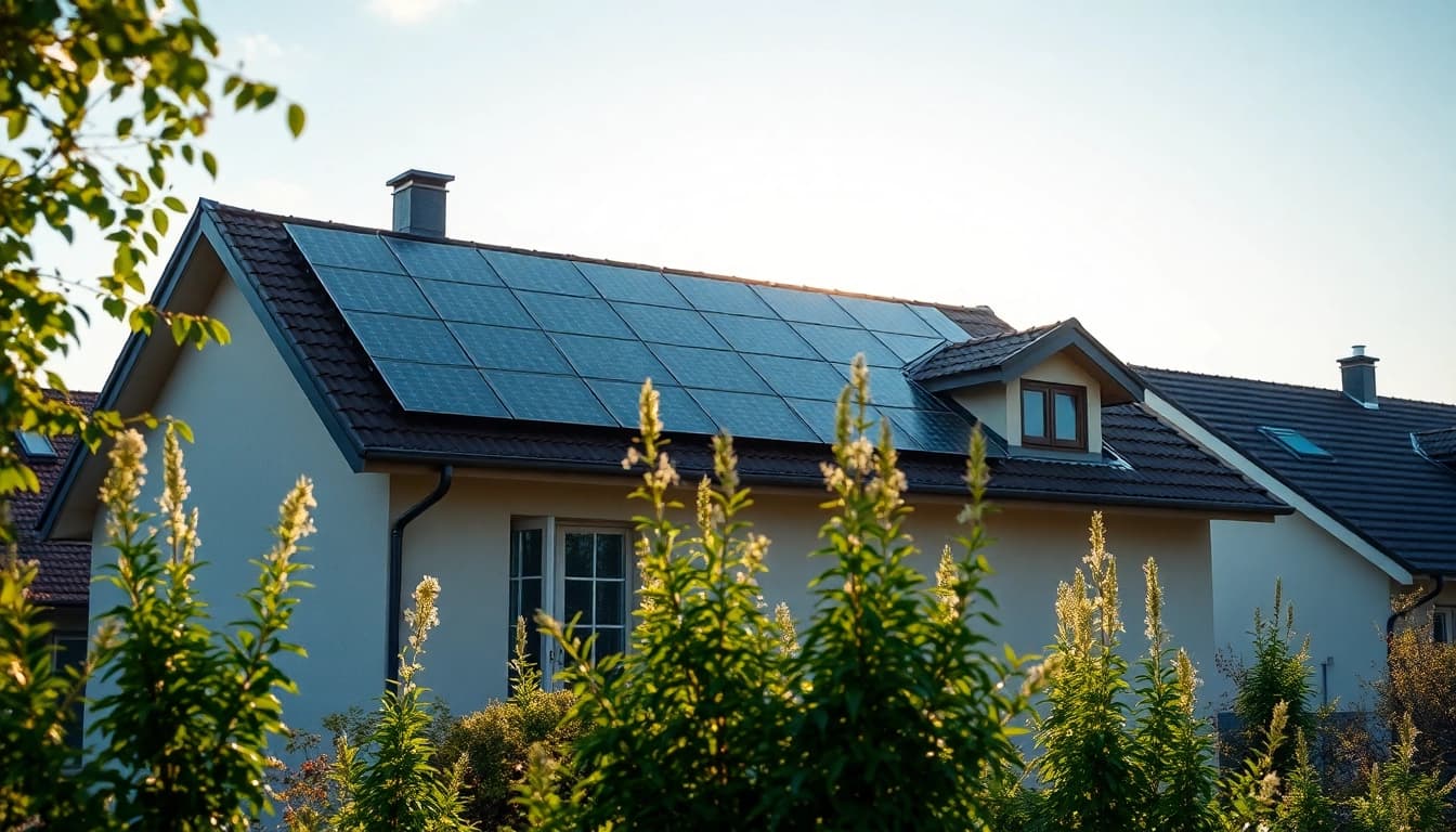 PV Anlage kaufen: Moderne Photovoltaik-Anlage auf einem Einfamilienhausdach mit grüner Umgebung.