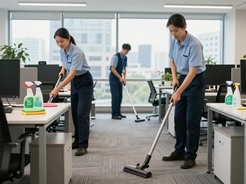 Büroreinigungsdienst in Münster für einen makellosen Arbeitsplatz, der professionelle Reinigungskräfte und umweltfreundliche Produkte hervorhebt.