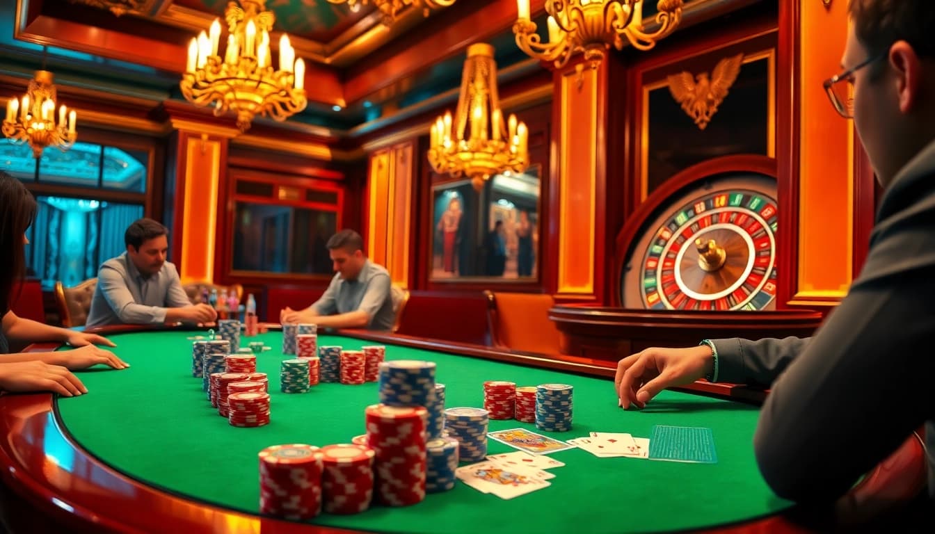 Players enjoying a high-stakes poker game at a luxurious casino table promoting 52WIN.