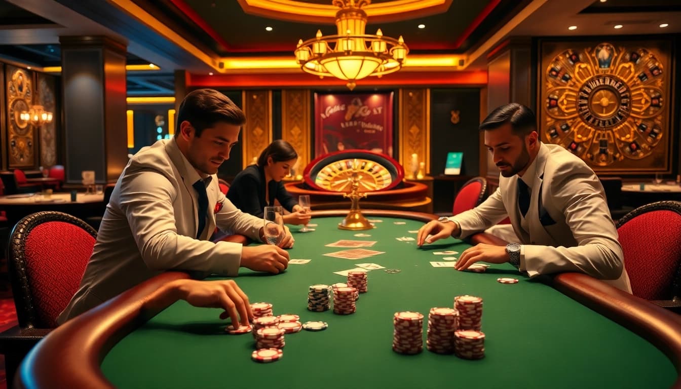 Players enjoying a high-stakes game at Jun888 casino, showcasing excitement and strategy.