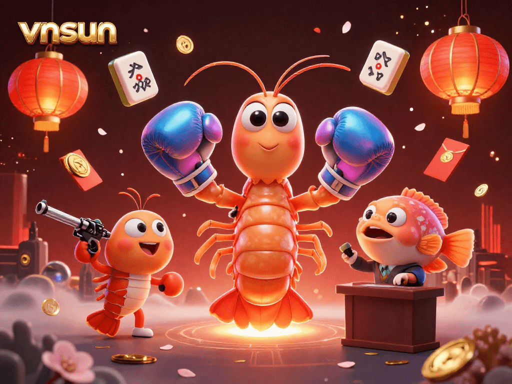 Experience thrilling gameplay with vnsun in this vibrant 3D casino illustration featuring winning moments and game elements.