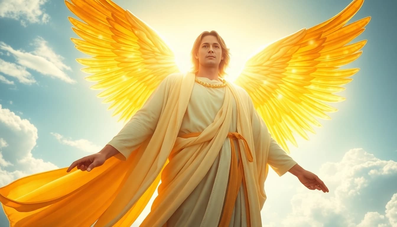 Erzengel Uriel erhebt sich majestätisch mit leuchtenden goldenen Flügeln und strahlt Frieden aus.