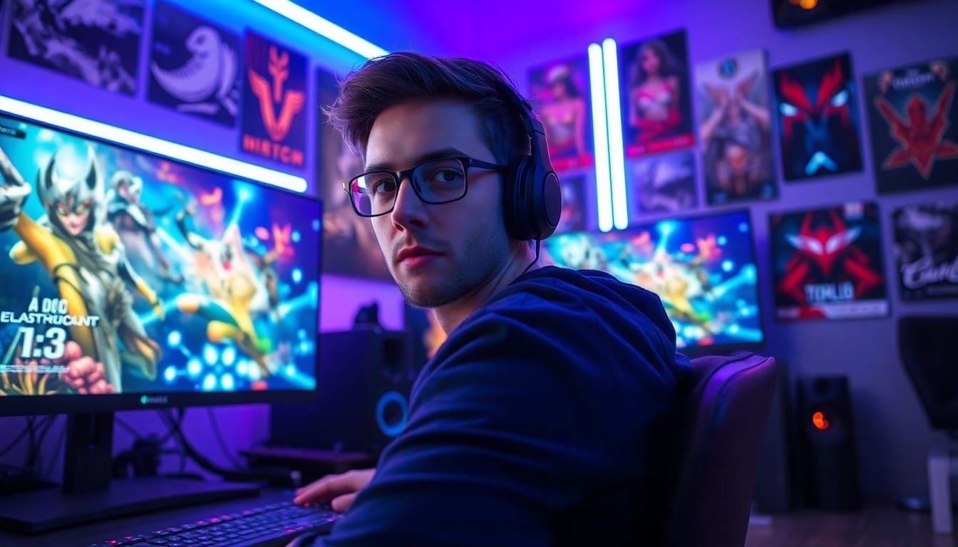Twitch Streamer Österreich engagiert in einem modernen Gaming-Setup mit lebhaften Grafiken.