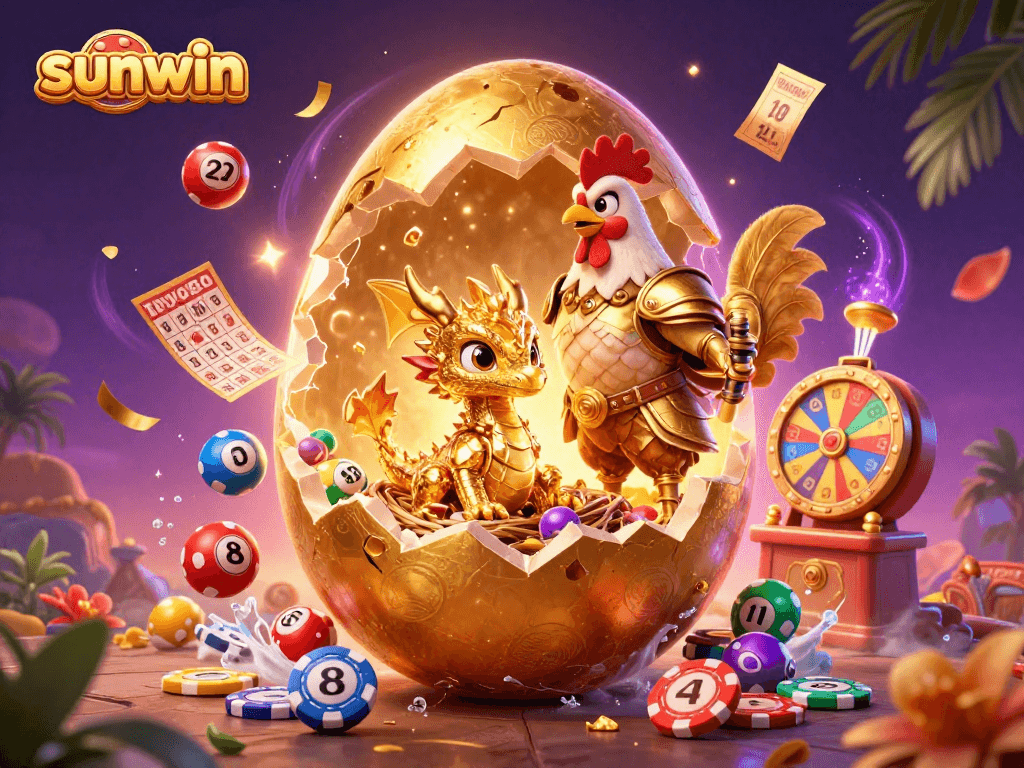 Win big with sunwin's vibrant 3D illustration showcasing a golden dragon in a casino paradise.