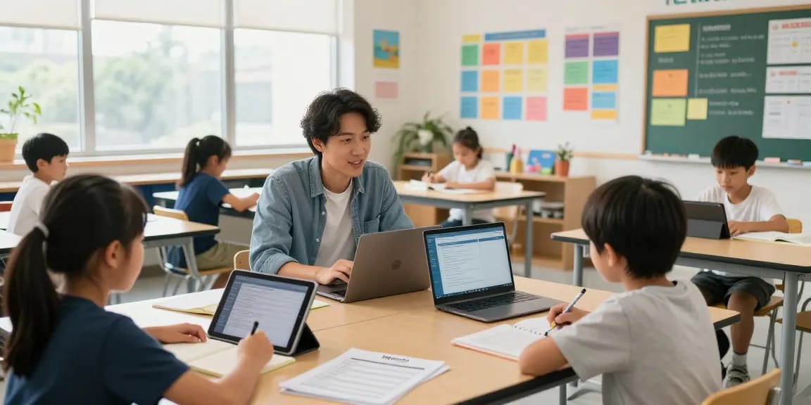 Teacher using EMStudio online teacher planner in a modern classroom setting, engaging students with lesson plans and technology.