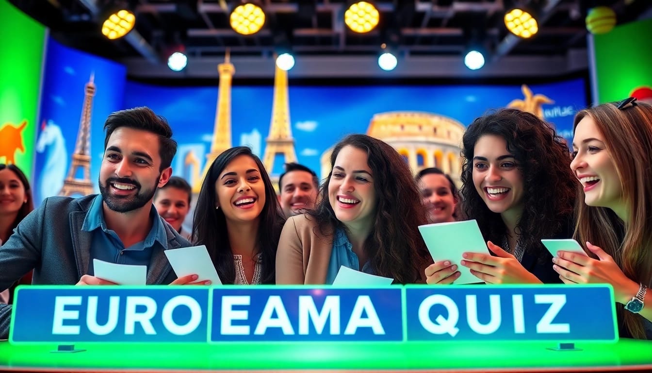 Teilnehmer am Europa Quiz zeigen Begeisterung in einer bunten Umgebung.