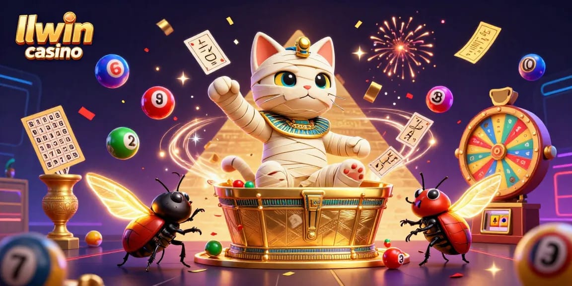 Engage with the vibrant llwin casino, featuring a cartoon Egyptian mummy cat and a glowing scarab in a dynamic gaming scene.