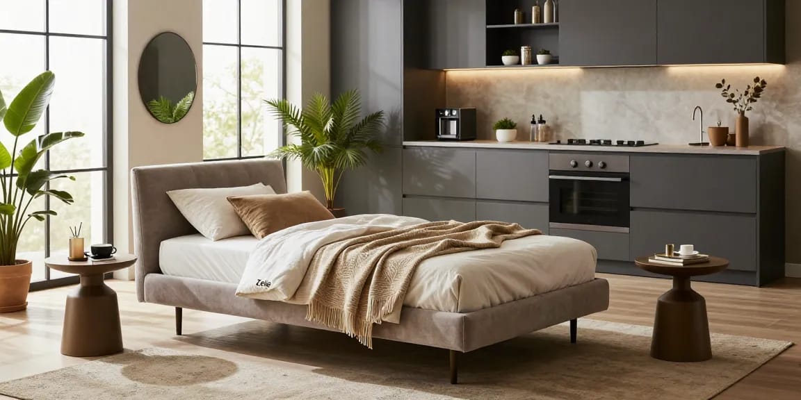 Entdecken Sie stilvolle Optionen zum Möbel Kaufen, mit einem modernen Wohnzimmer, das ein Zele Einzelbett und eine elegante Küchenzeile zeigt.