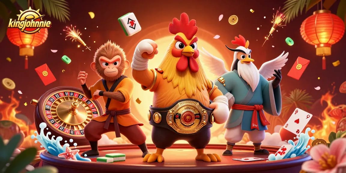 Experience kingjohnnie's thrilling roulette action in a vibrant, cartoonish casino scene filled with symbols of luck.