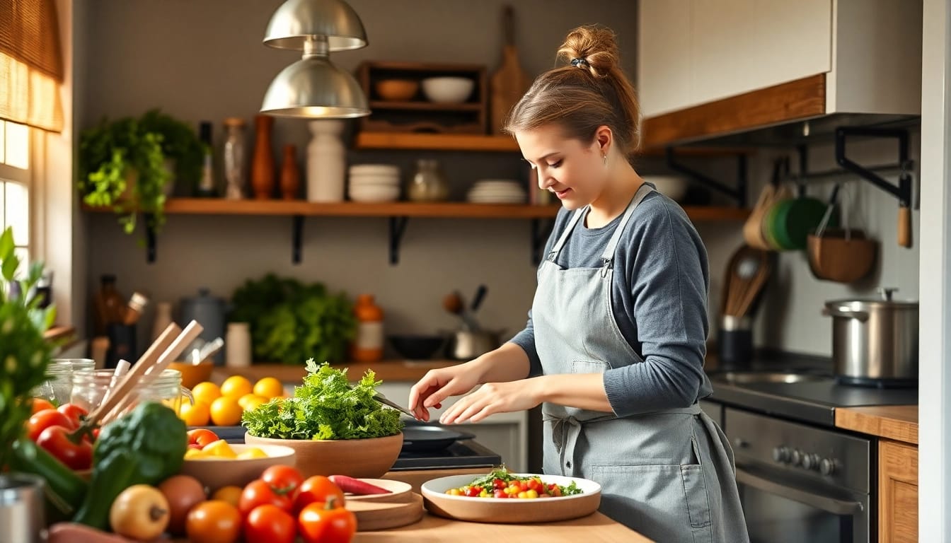Hauswirtschaft hameln: Eine engagierte Hauswirtschaftskraft bereitet frische Mahlzeiten in einer hellen Küche zu.