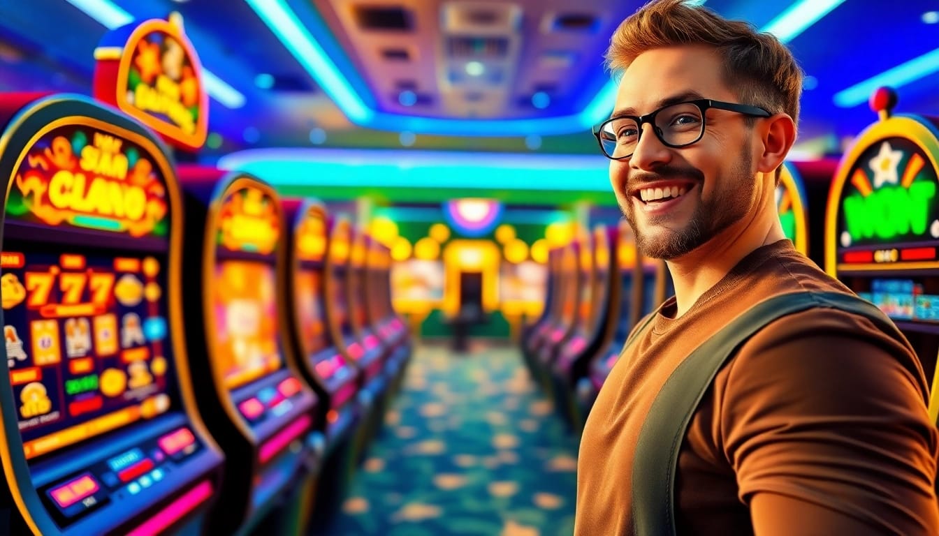 Glücklicher Spieler erhält Casino Bonus mit strahlenden Spielautomaten und Freispiele.