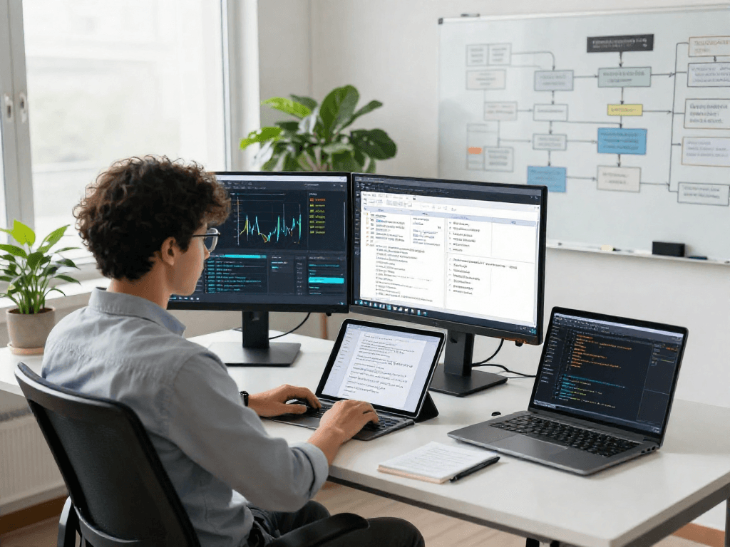 Document fraud detection analysis in modern office workspace with analyst examining software results and workflow.