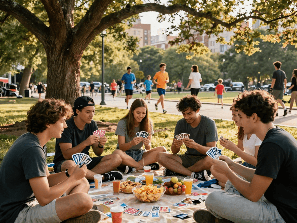 Friends enjoying a picnic while playing rokok88-inspired card games in the park