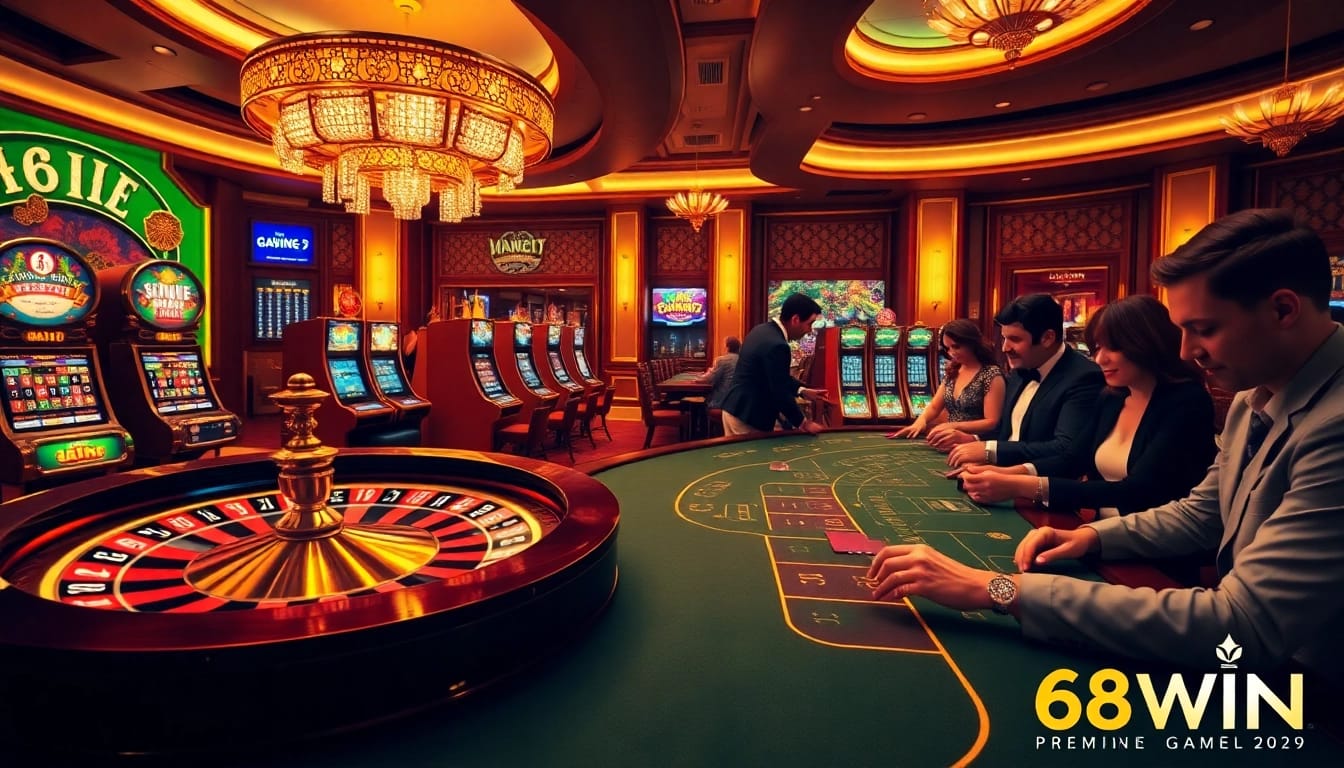 Experience the thrill of the casino with 68WIN's vibrant betting scene featuring roulette and slot machines.