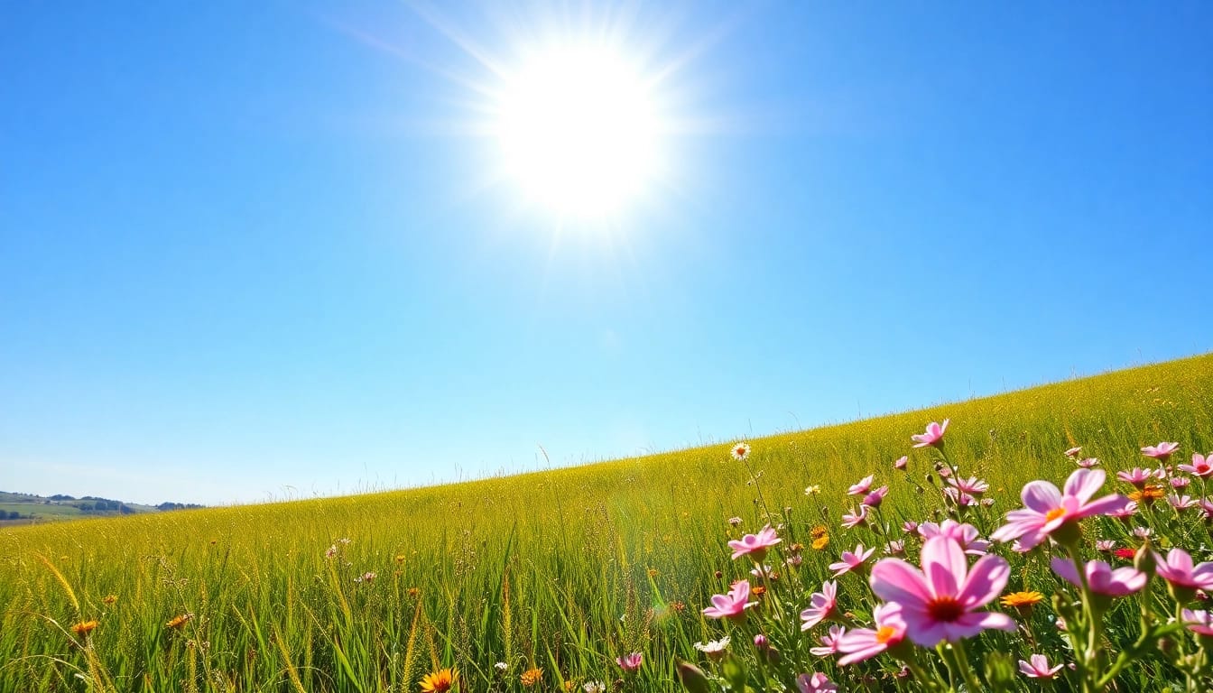 Klima beeinflusst blühende Natur in sonniger Landschaft mit grünen Feldern und blauem Himmel.