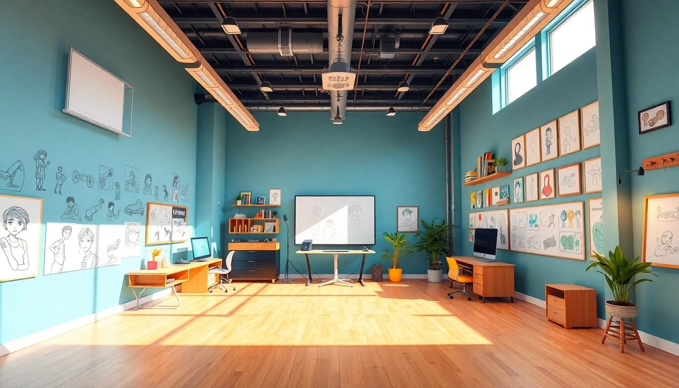 Creative animation studio showcasing vibrant sketches and modern workspace design, highlighting an Animation Agency environment.