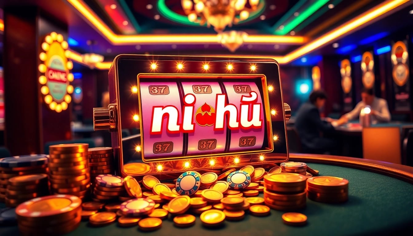 Nổ hũ slot machine attracting players with vibrant chips and neon lights.