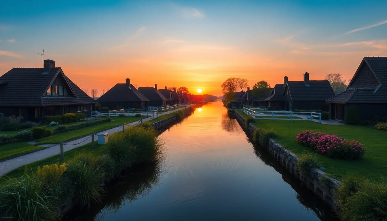 Besuchen Sie das giethoorn village in netherlands, wo Fußgänger und Boote durch die Zeit losgelöst am ruhigen Wasserweg reisen.