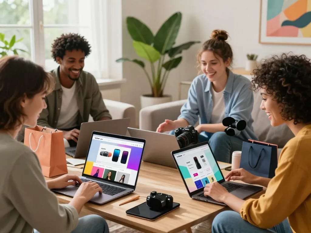 Aufgeregte Freunde erkunden sofort lieferbar Produkte während einer E-Commerce-Einkaufssitzung in einem stilvollen Wohnzimmer.