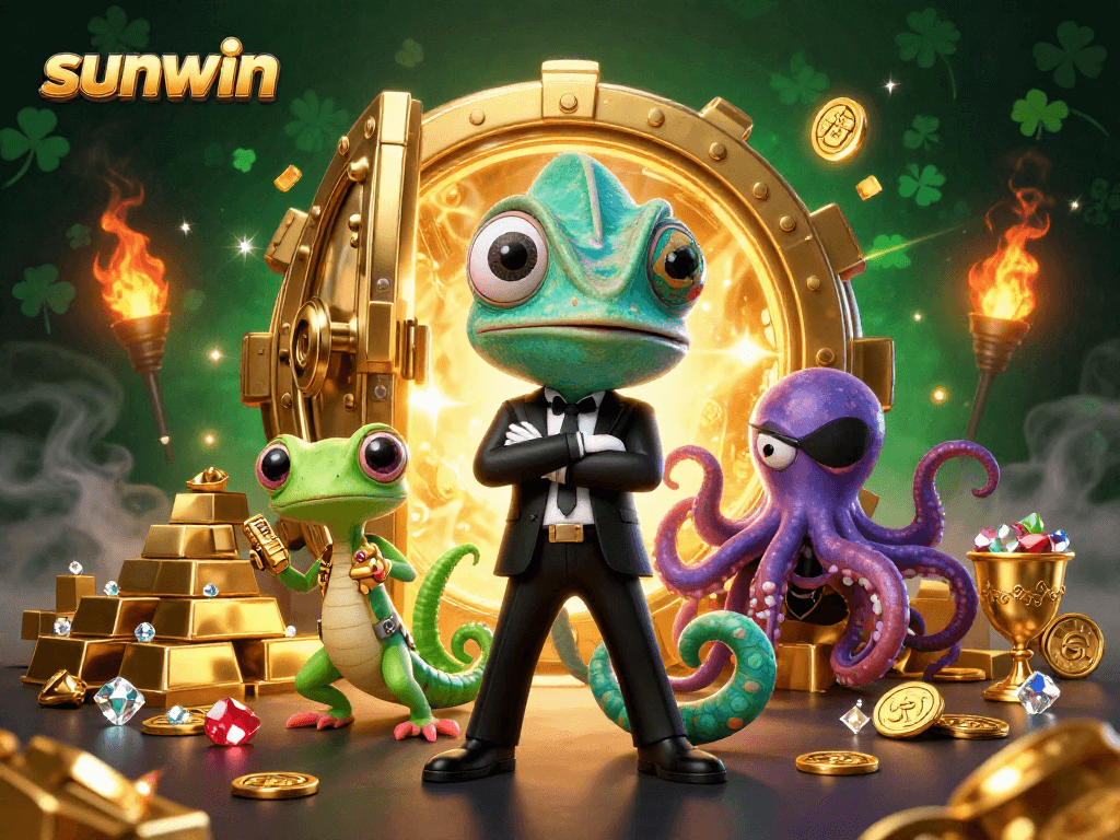 Experience sunwin's gaming adventure with a thrilling scene featuring vibrant characters and luxurious casino elements.