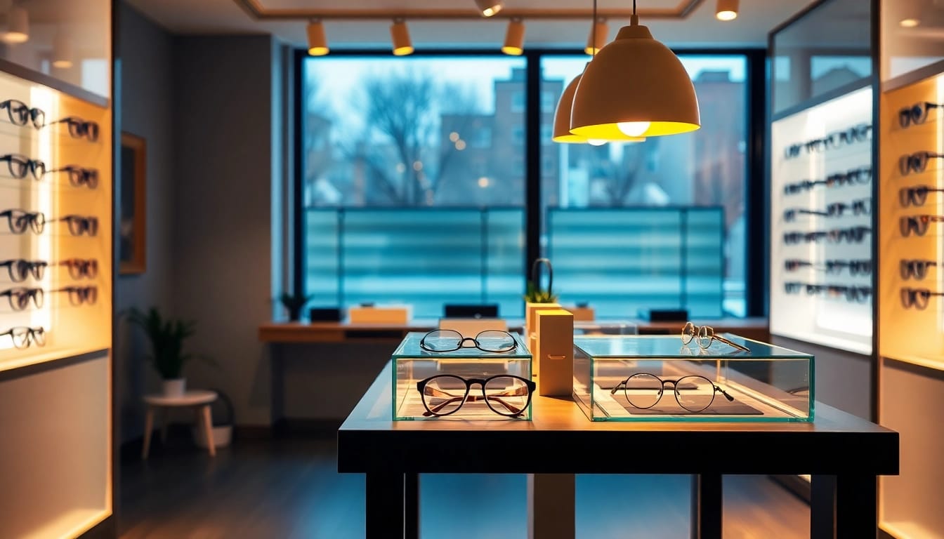 Optiker Nürnberg zeigt eine stilvolle Brillenpräsentation mit einladendem Licht und modernem Design.