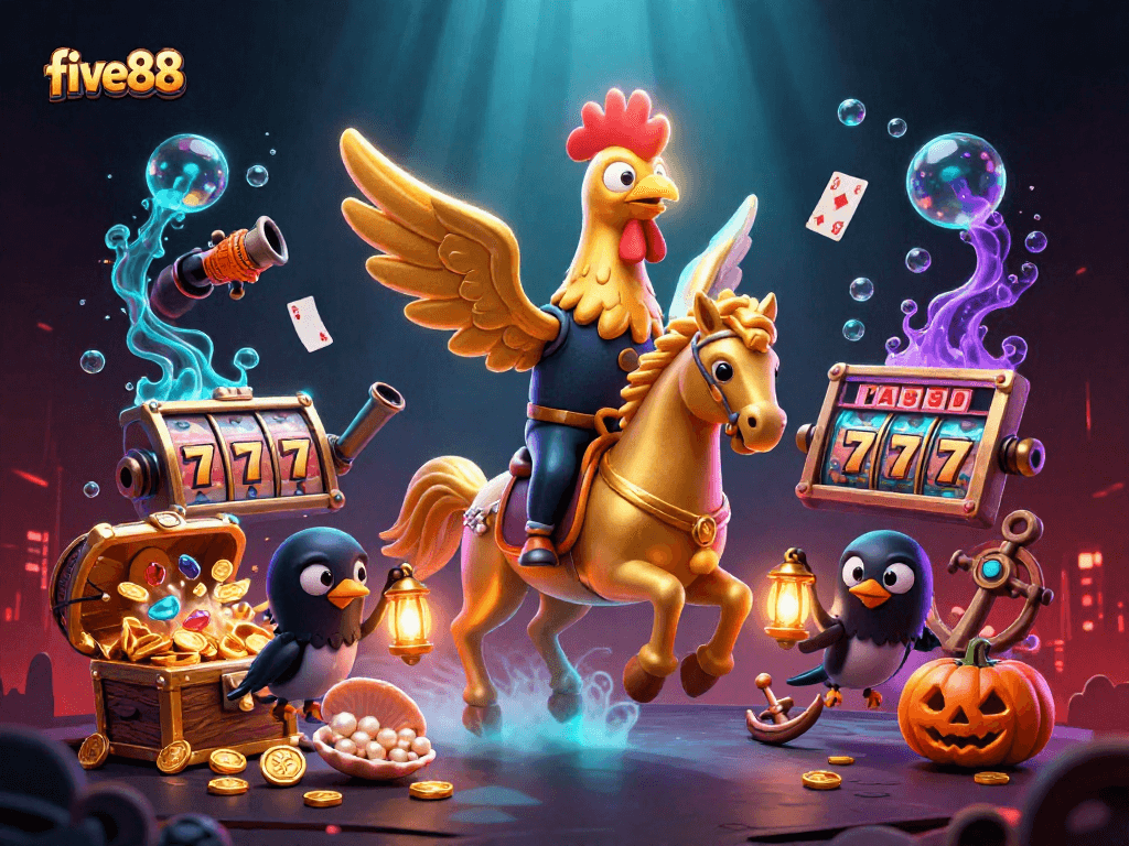 Join the excitement at five88 with a golden rooster in a vibrant casino scene.