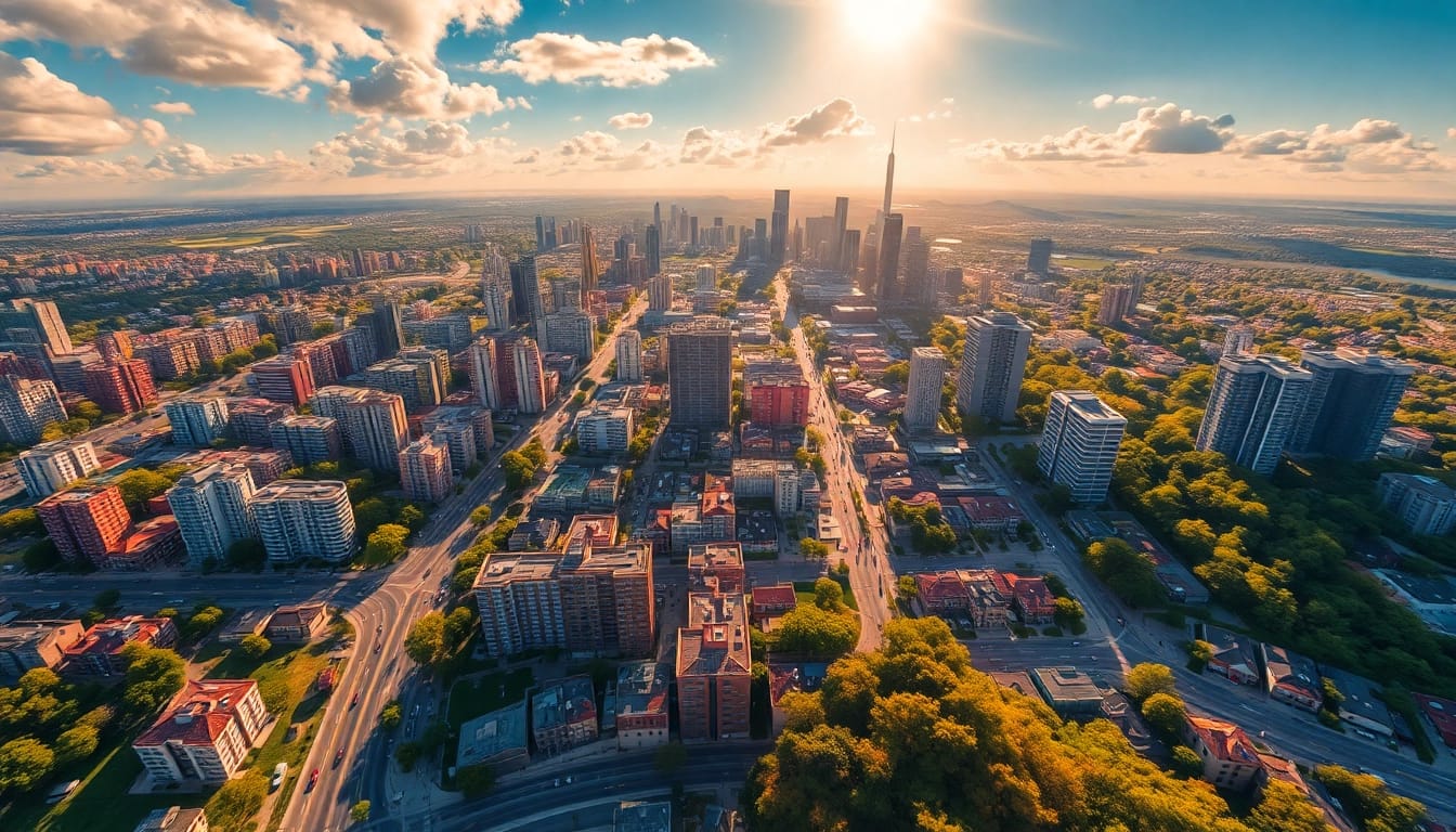 Illustrate Klima variations by showcasing diverse climate zones in a vibrant cityscape highlighting weather differences.