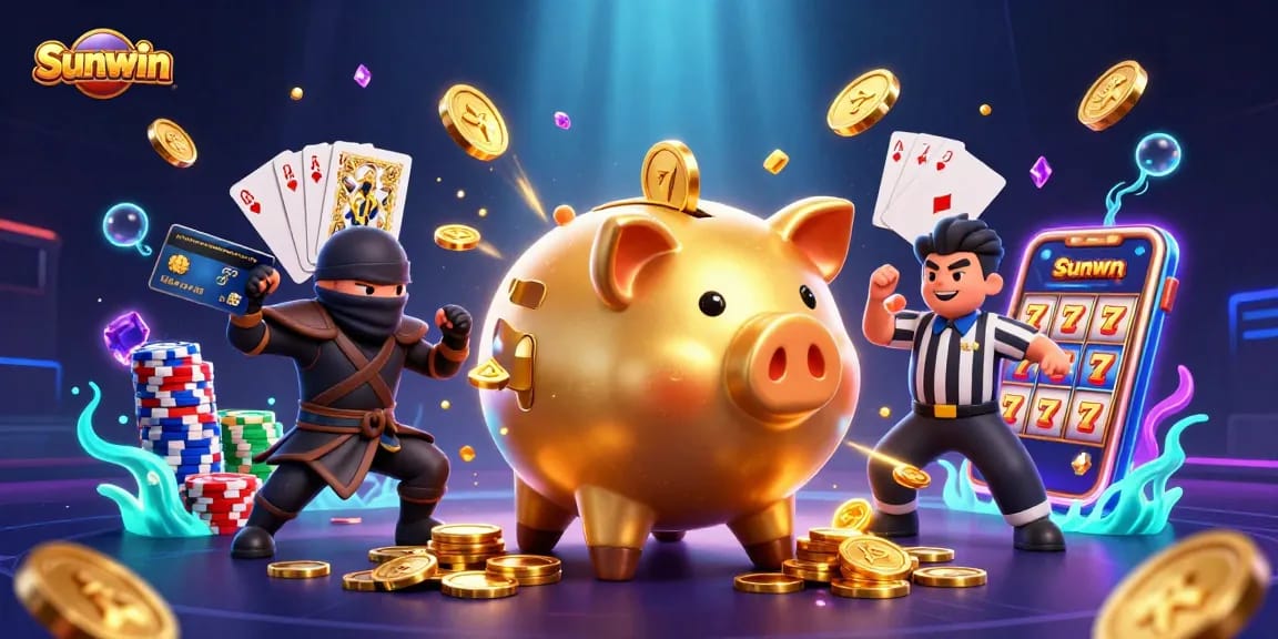 Engage with Sunwin's vibrant casino scene featuring a golden piggy bank sumo wrestler amidst dynamic gaming elements.